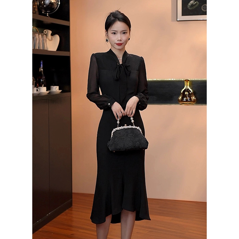 8033法式长袖拼接修身显瘦灯笼袖鱼尾连衣裙