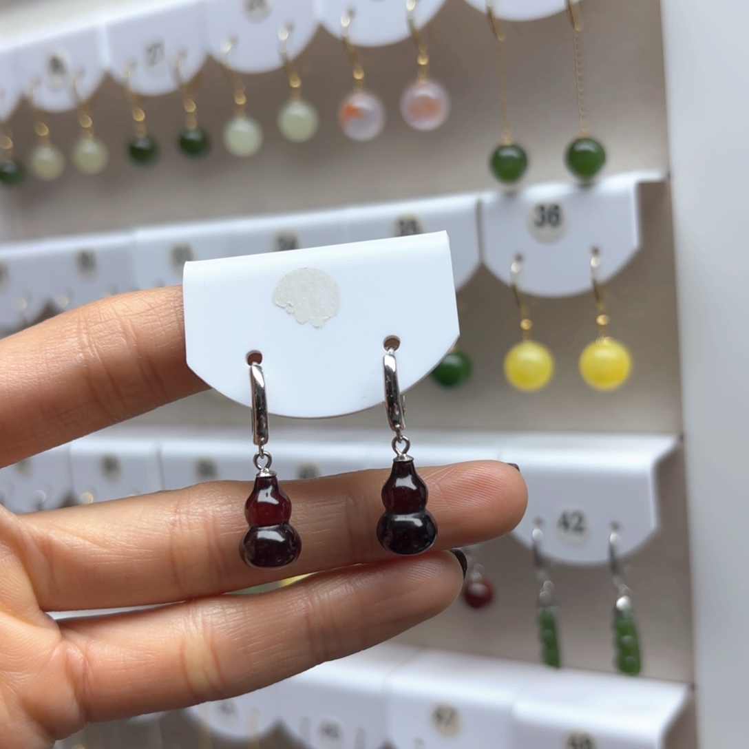 琥珀耳饰银S925镶嵌血珀