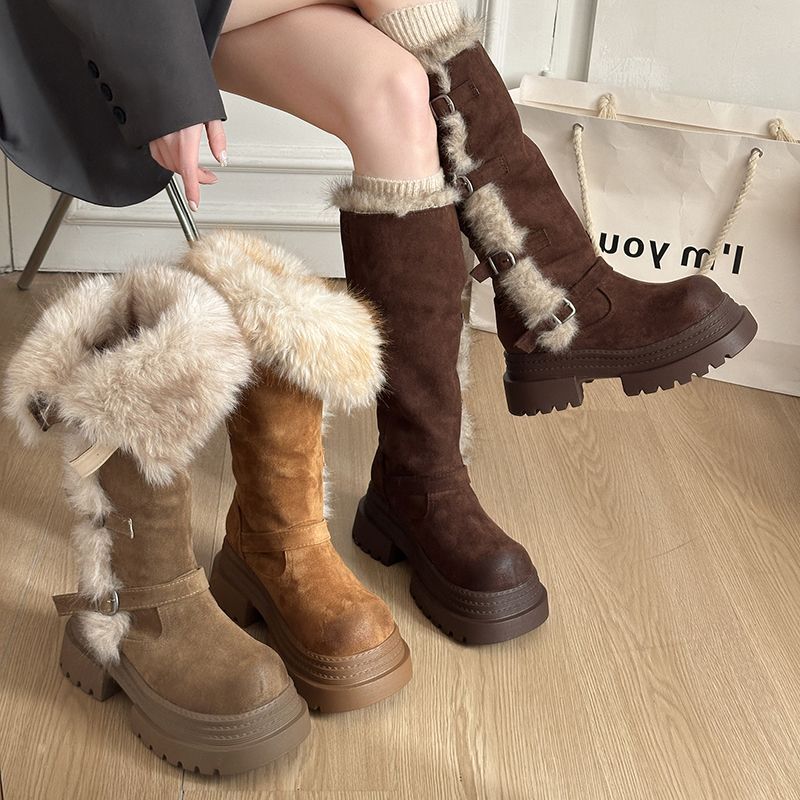 厚底两穿毛绒雪地靴女士2025冬季显瘦高筒加绒保暖防滑扣带长筒靴