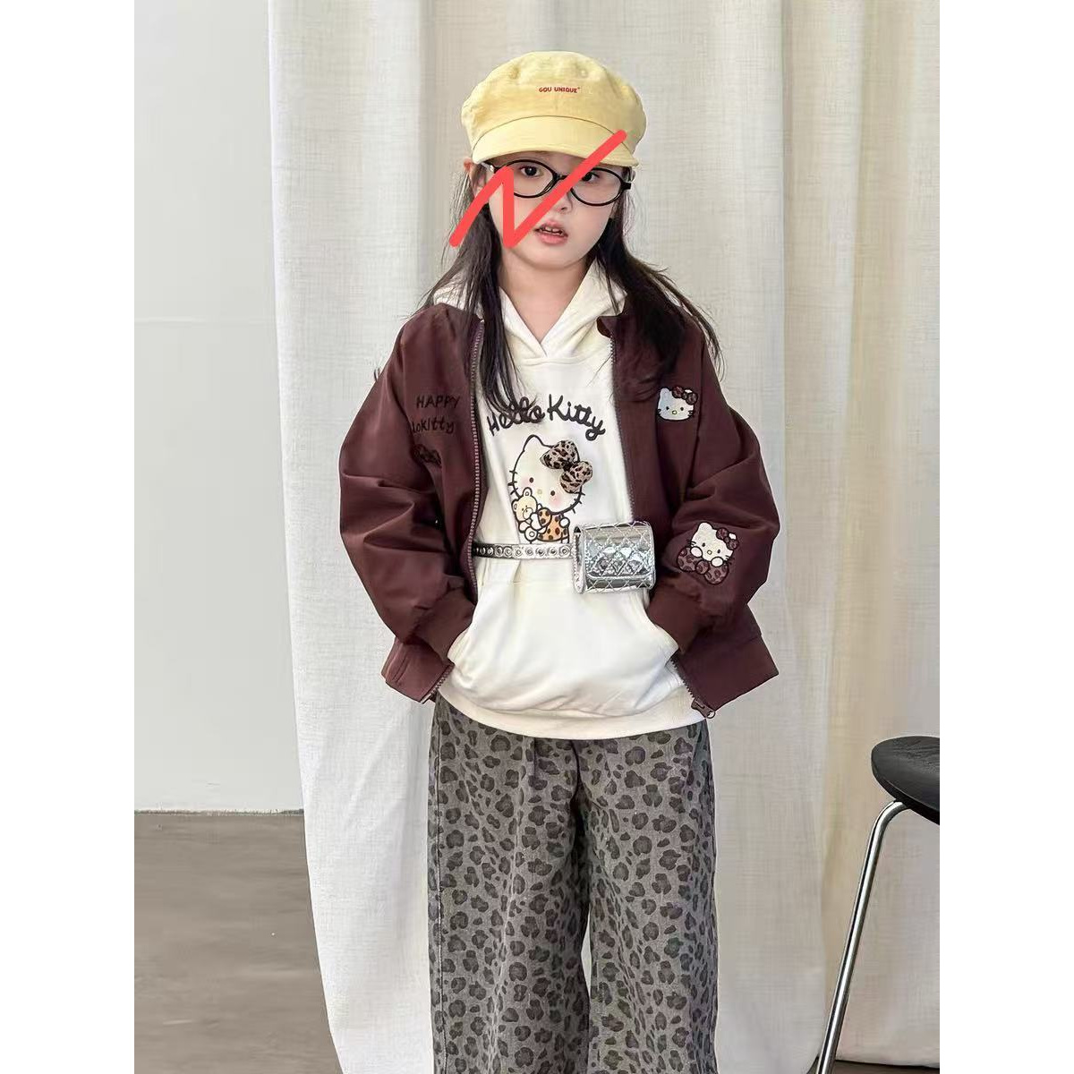 376-豹纹一体绒牛仔裤单链接女童洋气衣服