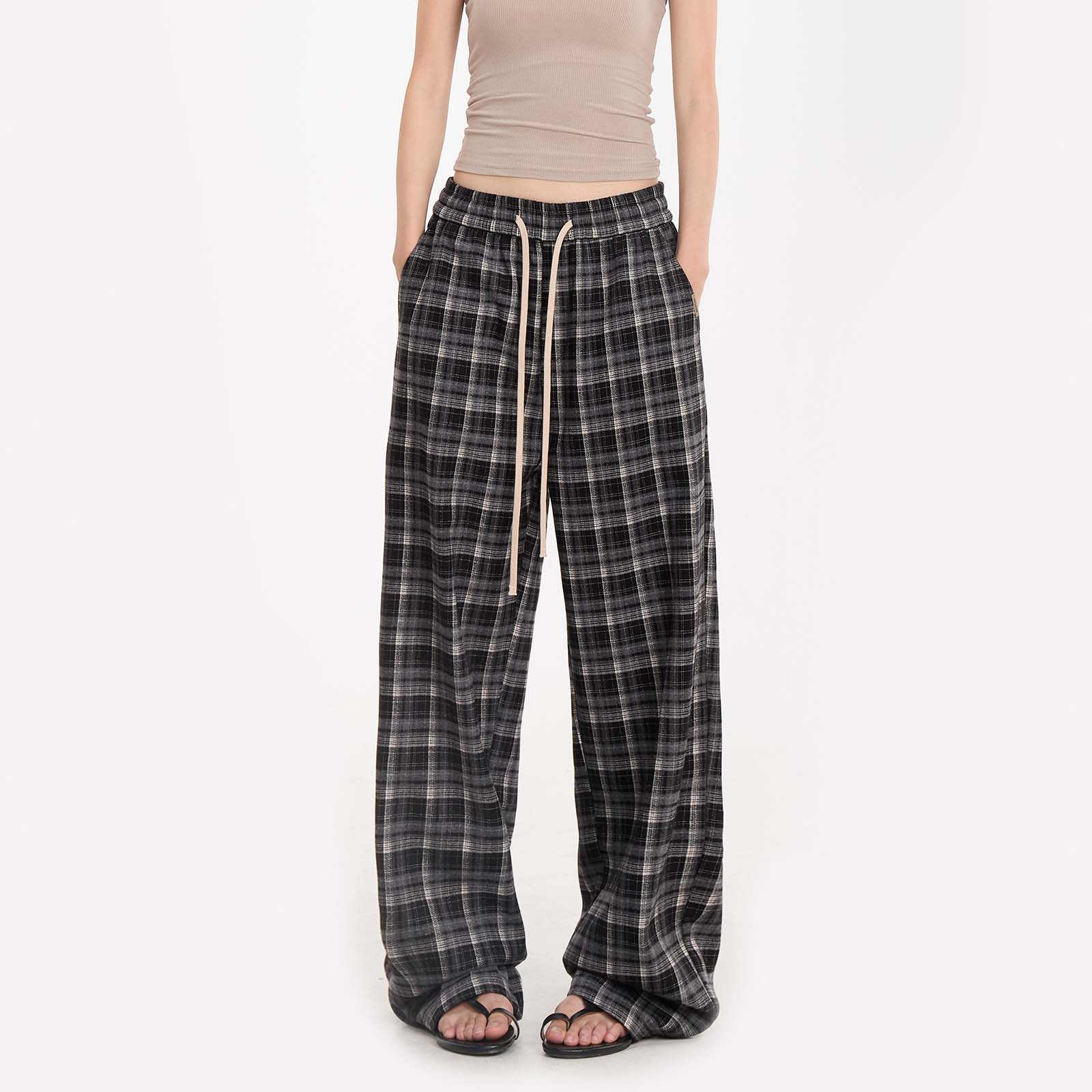 RENDTTK黑灰白大格纹抽绳宽松直筒秋冬加绒复古慵懒风韩系休闲裤