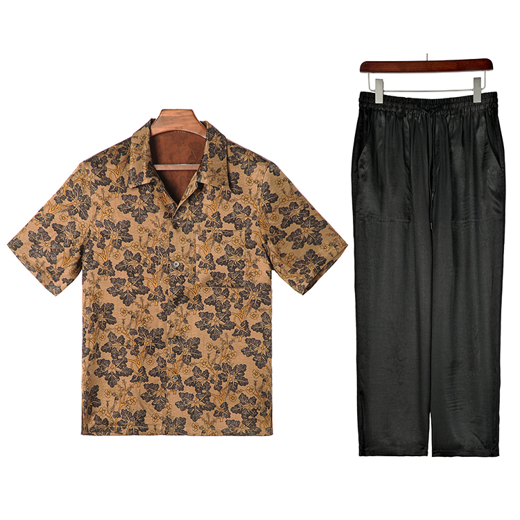 99131+88263 男士套装组合夏季宽松桑蚕丝短袖衬衫+休闲长裤