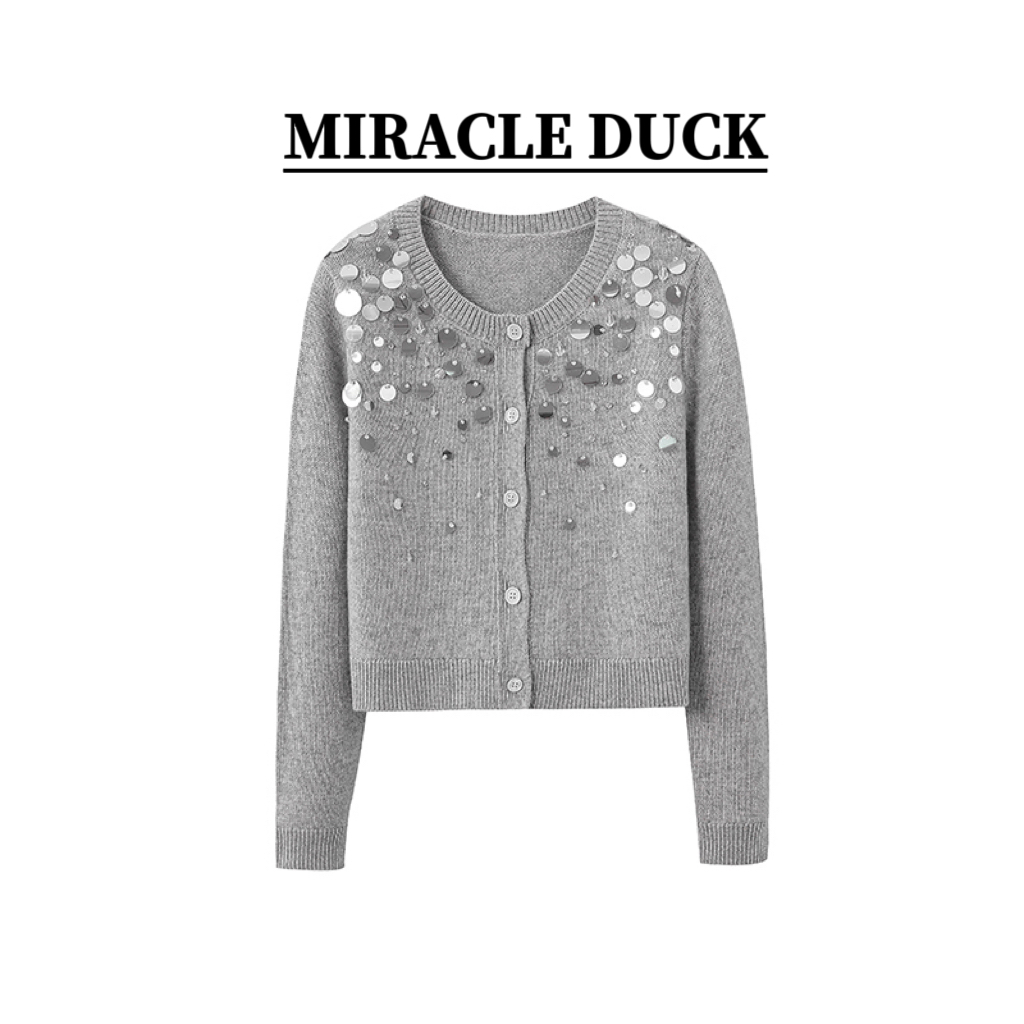 【格雷自在】春秋冬时尚圆领百搭灰色亮片毛衣长袖针织衫C1689