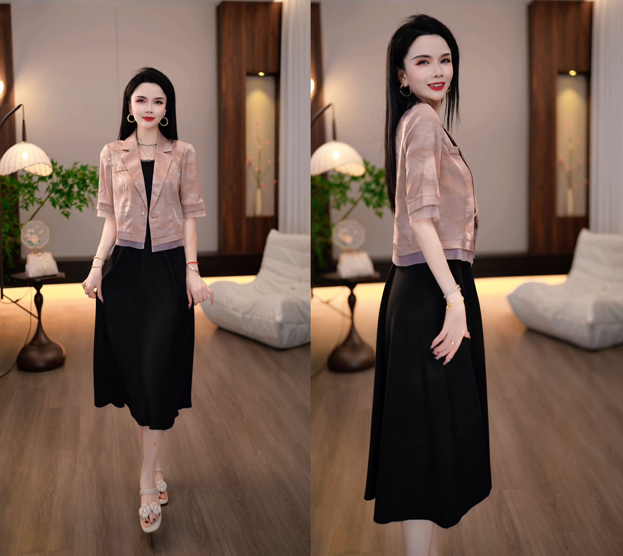 2025夏季时髦减龄粉色短袖西装外套+黑色圆领连衣裙两件套M-4XL