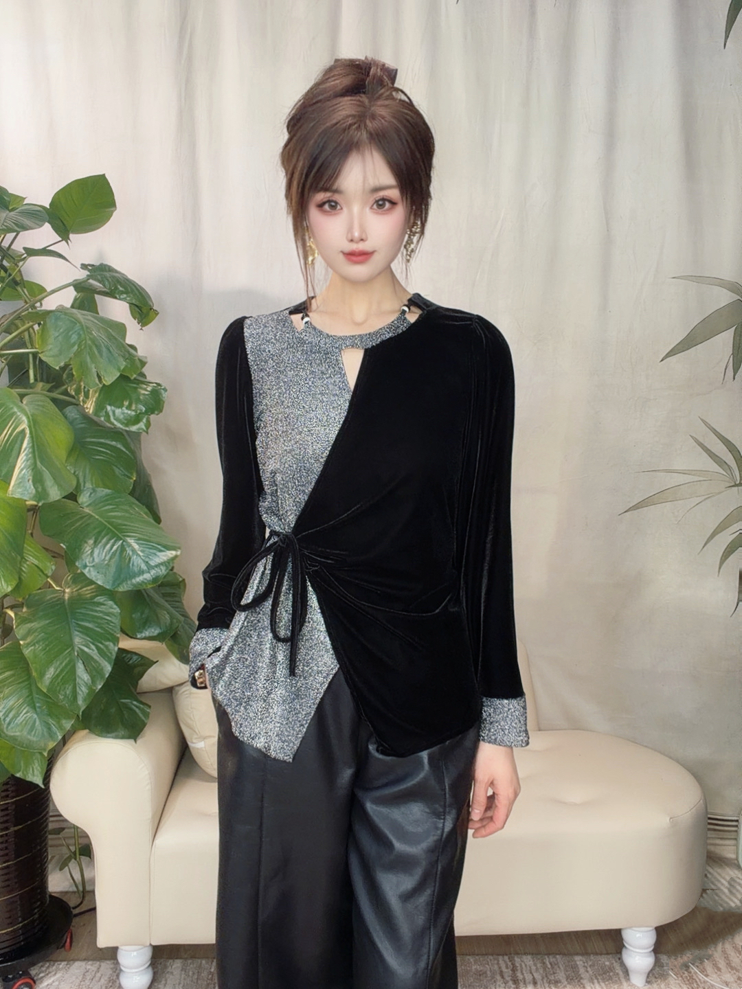 2025冬季休闲轻奢重工时尚显瘦丝绒拼接上衣小衫