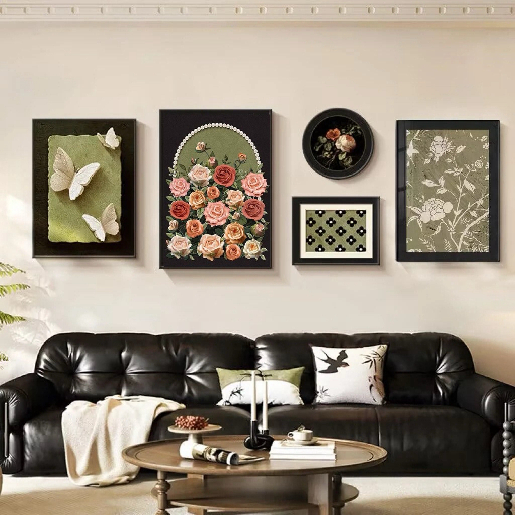 SY14法式古风客厅装饰画蝴蝶组合壁画复古玫瑰沙发奶油背景墙挂画