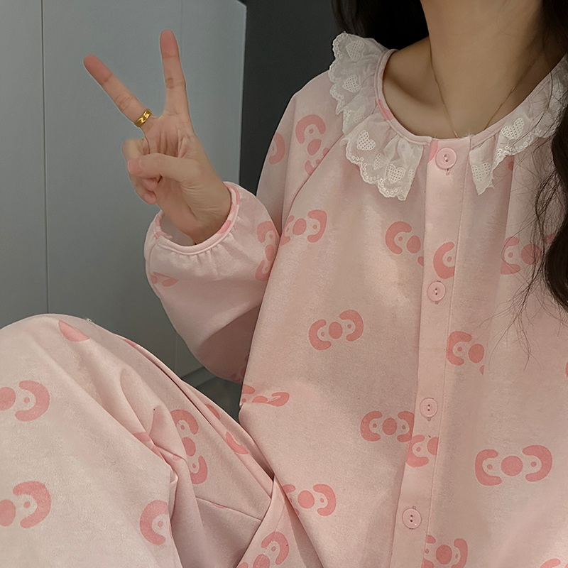 春秋季纯棉长袖睡衣女2025年新款夏天甜美圆领蕾丝花边家居服套装