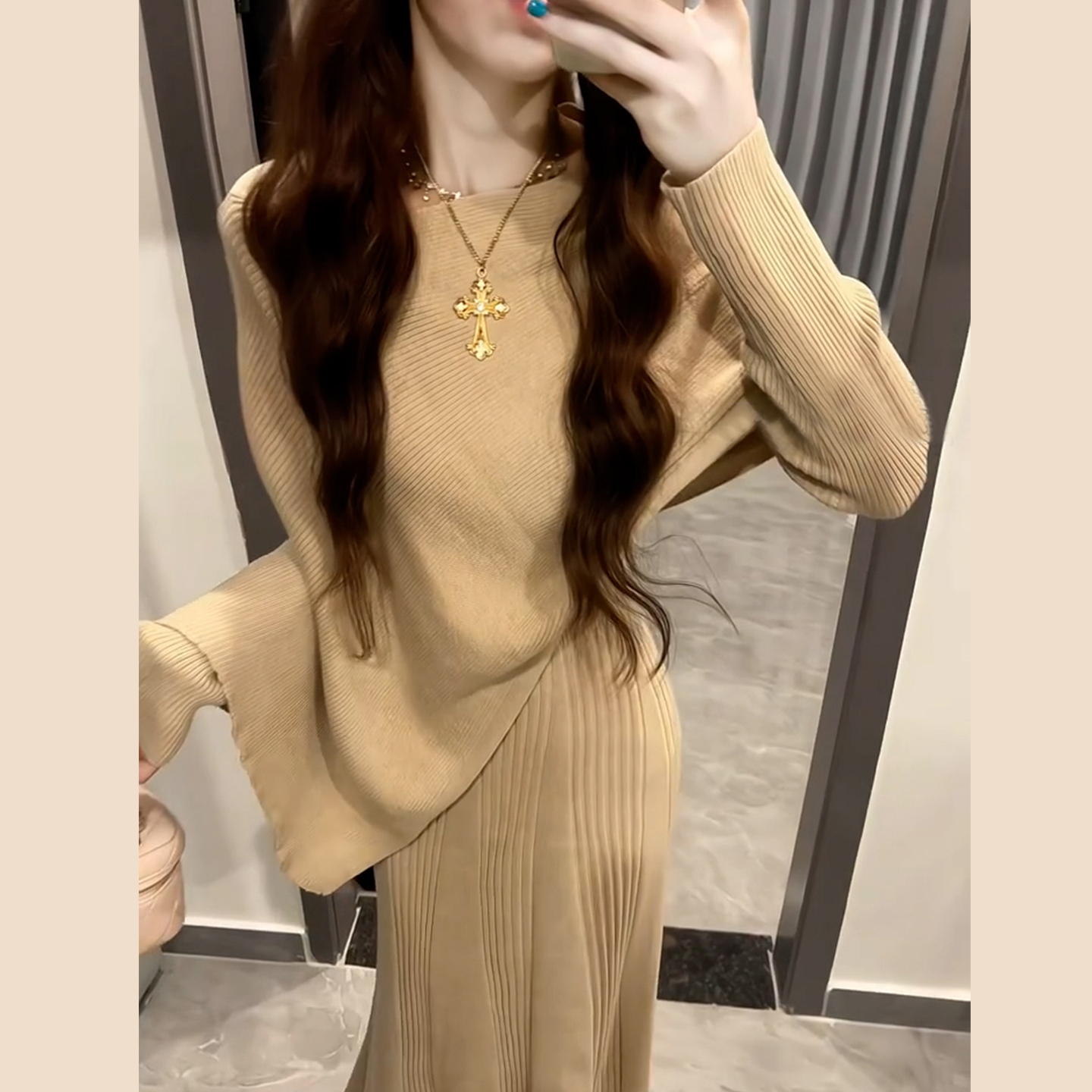 法式长袖针织连衣裙子女秋冬气质穿搭一整套长裙8910