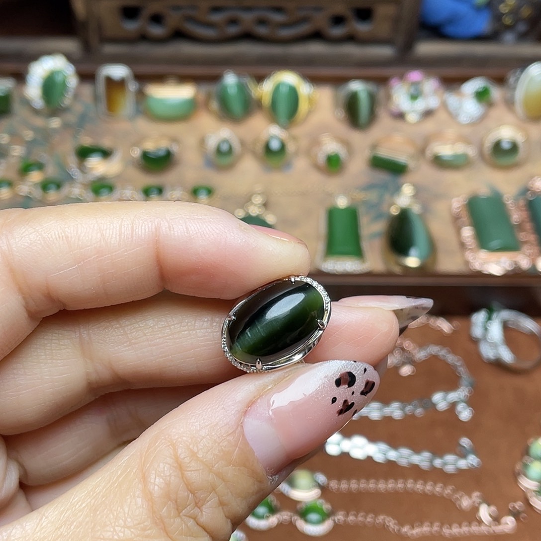 和田玉（碧玉）银S925镶嵌吊坠(不含链)戒指