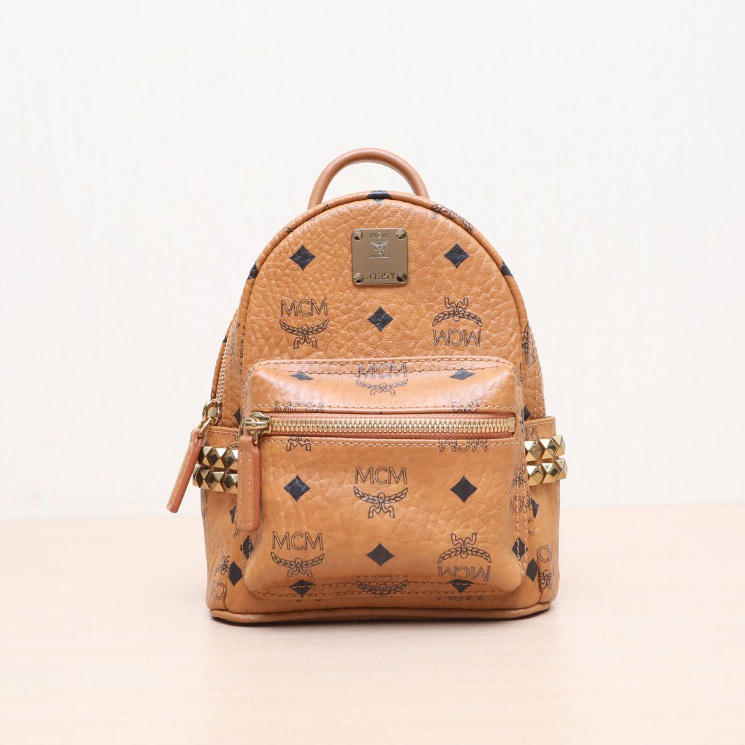 99新 MCM 小花攀攀活动侧边铆钉 双肩包 超MINI 干邑色 PVC