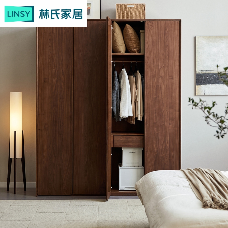 林氏家居中古风卧室衣柜黑胡桃木衣橱柜成品家具轻奢RQ1D-A落地