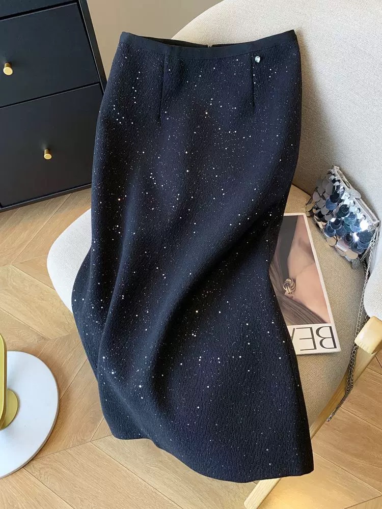 毛呢亮片半身裙女2025新款秋季高腰小香风繁星闪闪包臀开叉直筒裙