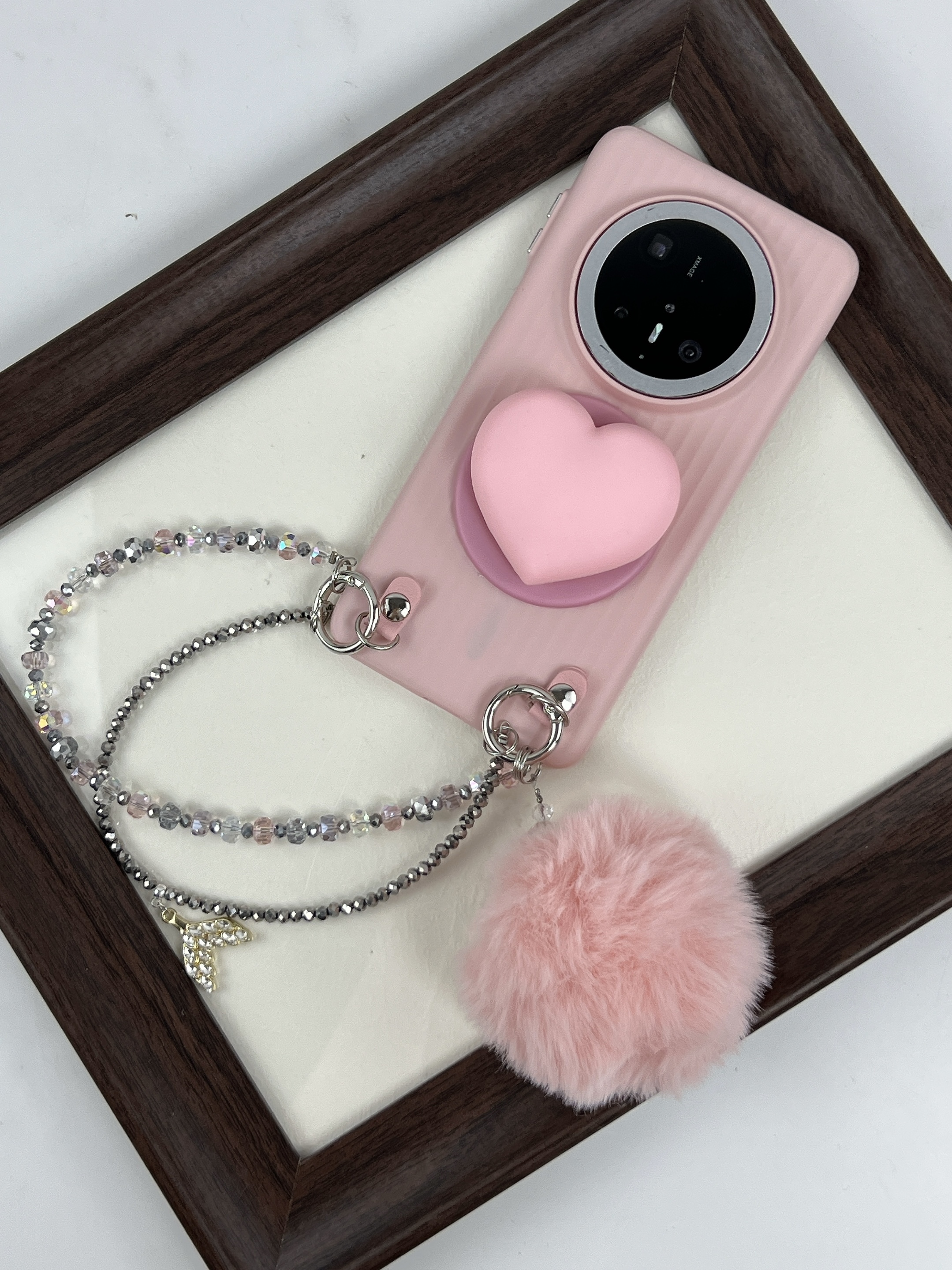 品申原创粉色瓦楞爱心磁吸支架串珠手提适用华为mate70pro手机壳