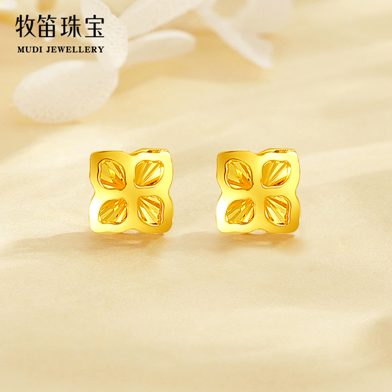 黄金四叶草耳钉足金999幸运草耳环时尚潮流24K金光面款耳饰送女友