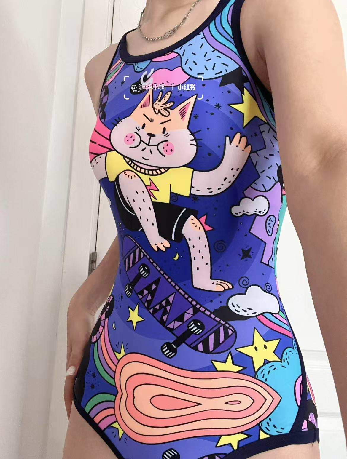 MTaoer【滑板猫】可爱少女卡通修身显瘦速干一体式女士竞速游泳衣