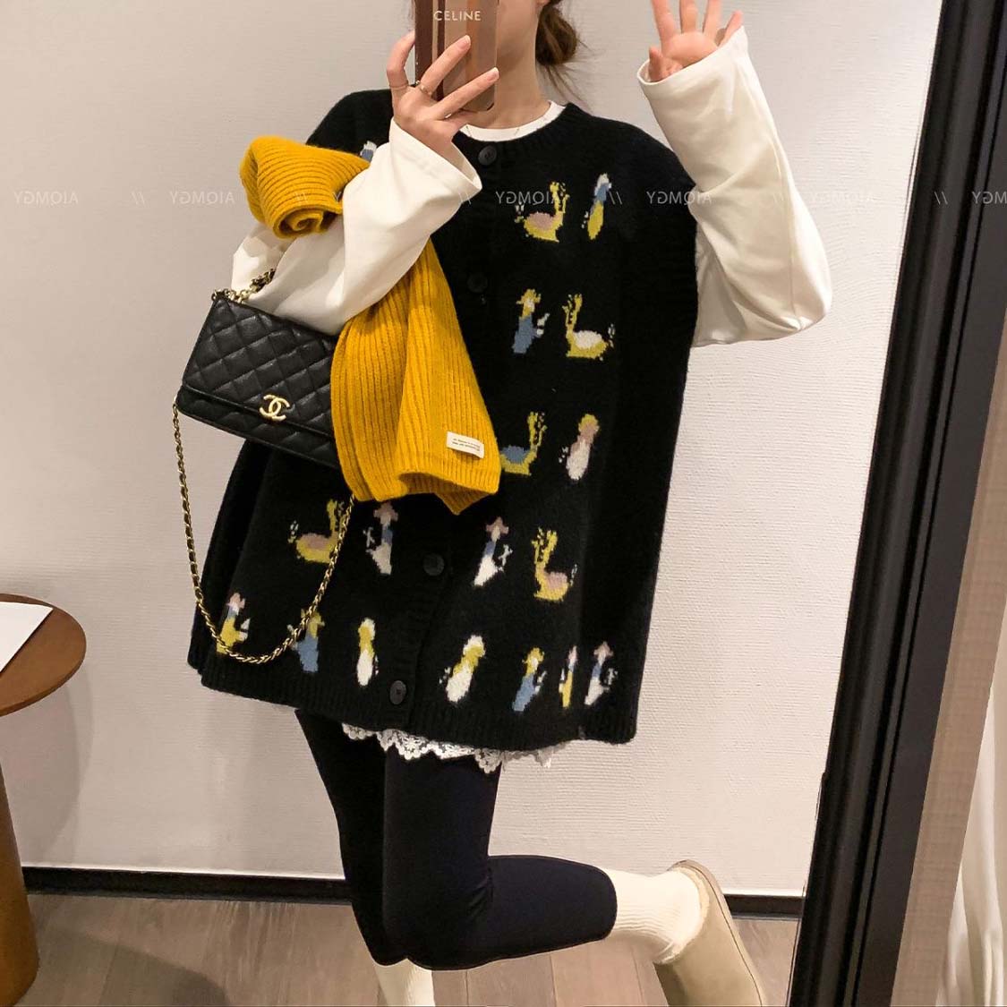 冬季加厚趣味卡通提花圆领针织马甲女韩版宽松慵懒风休闲毛衣背心