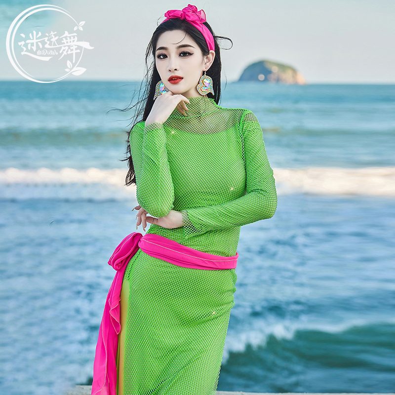 迷迭舞原创新款肚皮舞表演服连体袍子演出服饰baladi女闪亮网钻裙