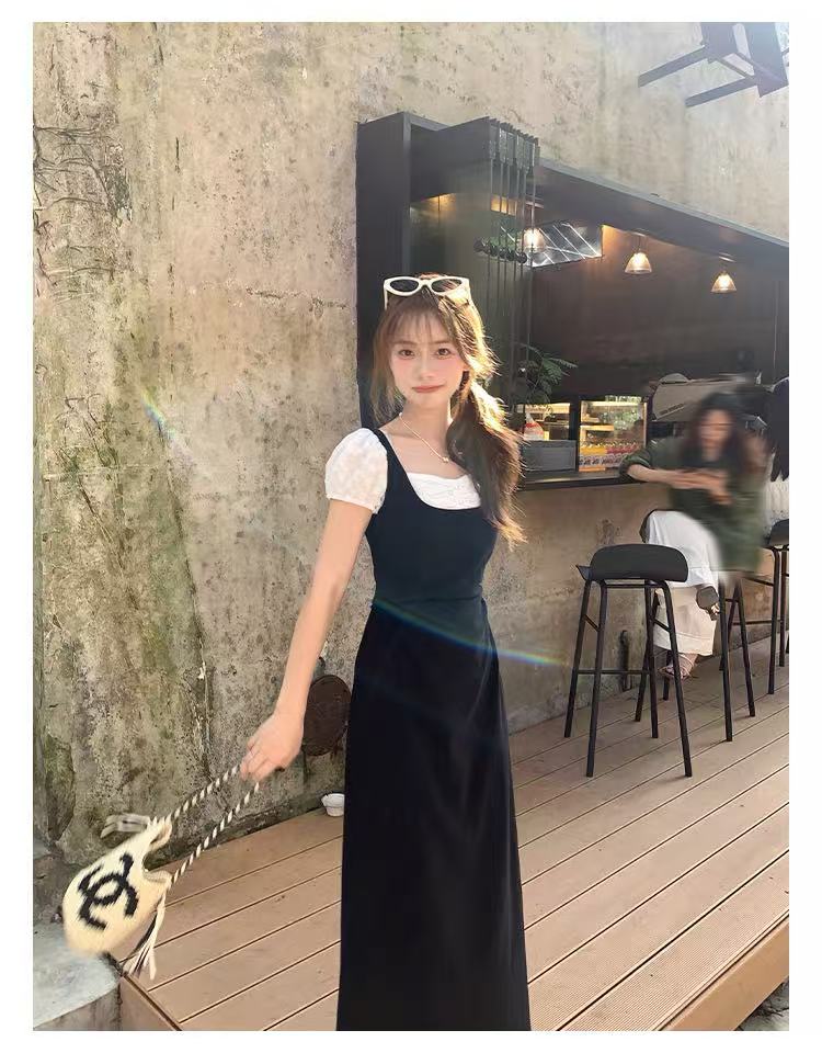 2025夏季新款拼接裙子女气质设计感黑色长款短款休闲连衣裙