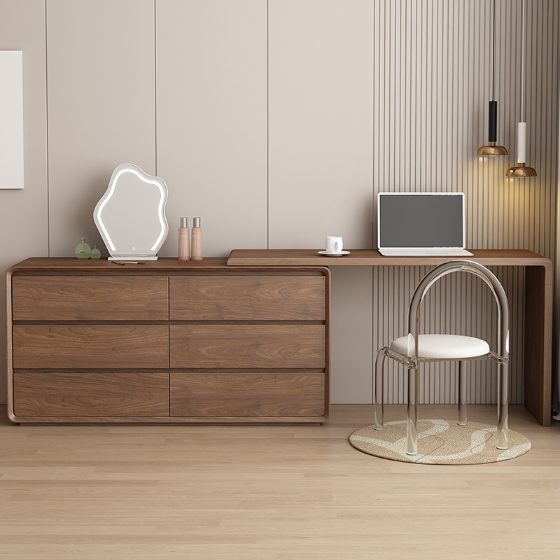 奶油风梳妆台斗柜一体现代简约化妆桌转角可伸缩卧室实木烤漆书桌