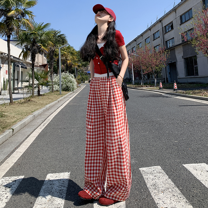 夏季薄款多巴胺格子裤女高腰宽松阔腿裤韩系甜美休闲百搭拖地裤子