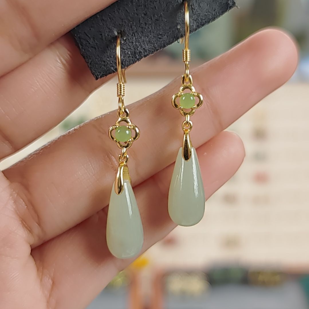 和田玉耳饰银S925镀金镶嵌耳饰