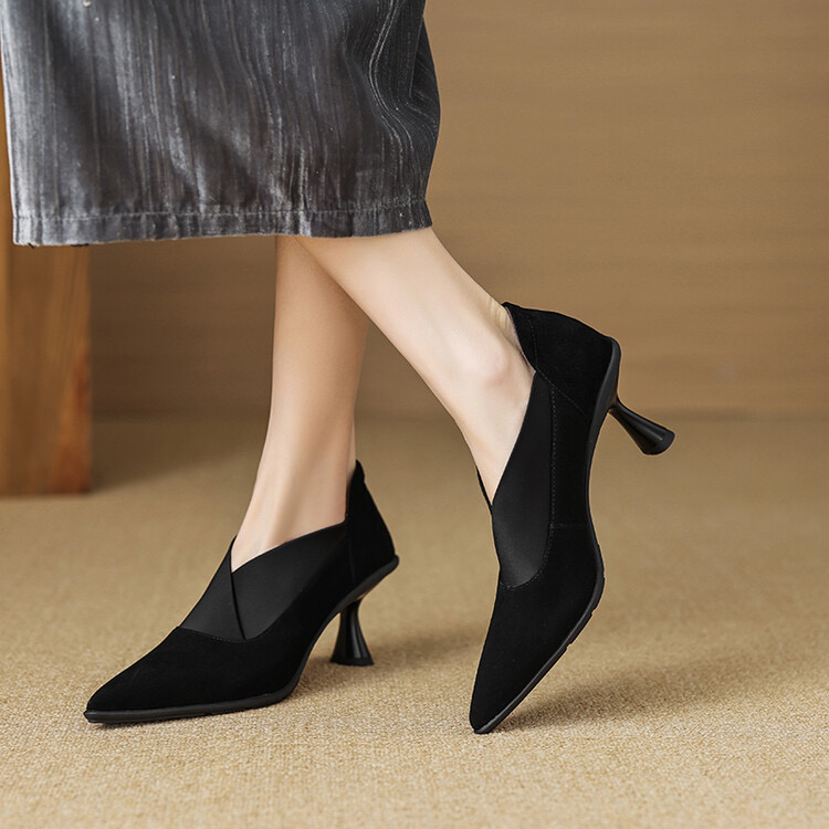 Taze/她泽2025秋款 羊猄皮尖头中跟深口单鞋百搭真皮软底气质高端