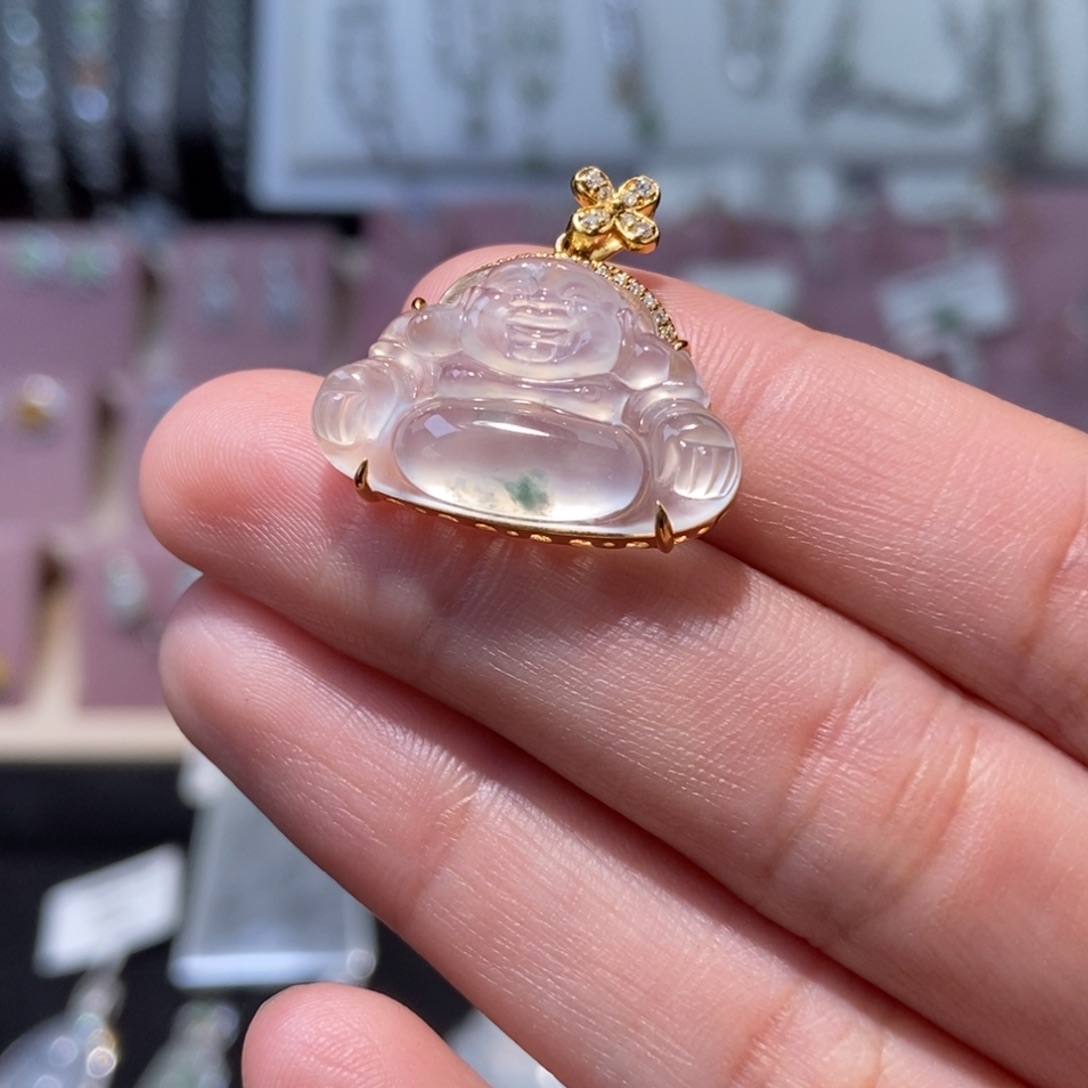 翡翠18K金镶嵌颈饰纯天然缅甸翡翠A货佛公