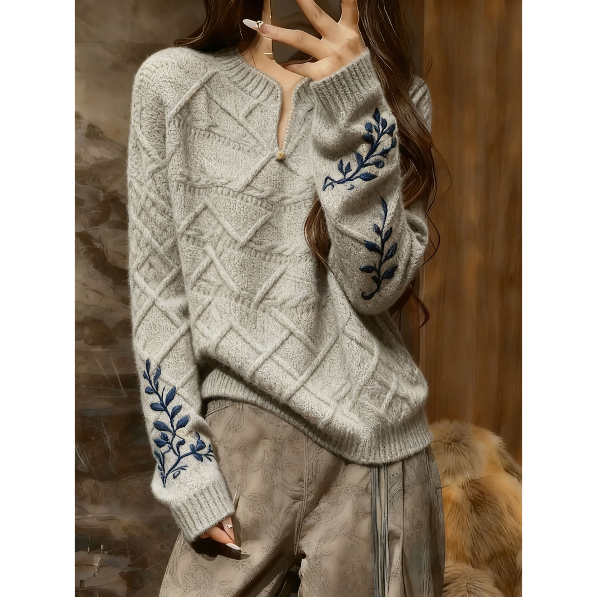 灰色简约设计感新中式长袖针织衫女2025秋冬新款精致复古毛衣上衣