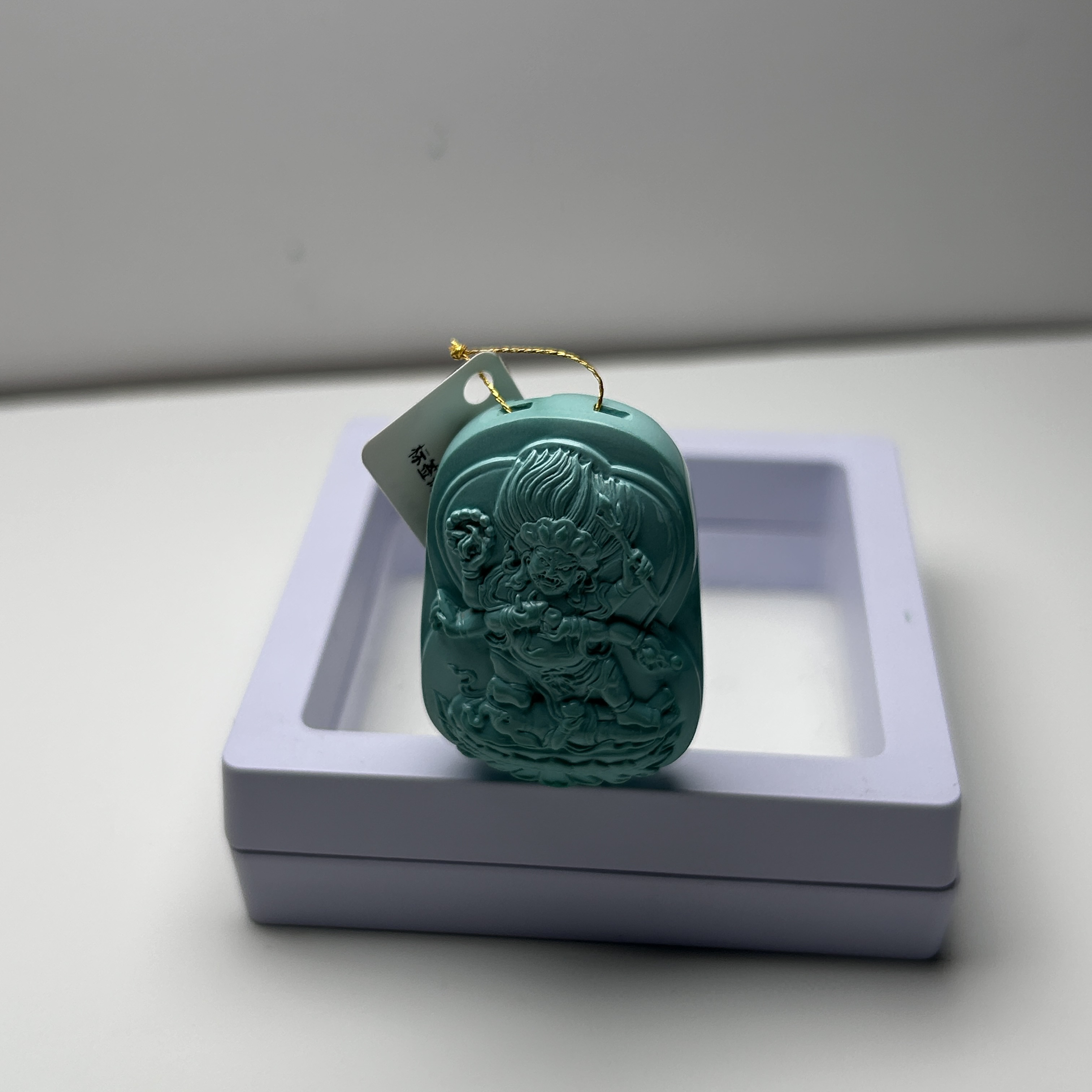 瑭颂湖北竹山原矿高瓷天然无科技无优化绿松石精品大黑天牌子吊坠