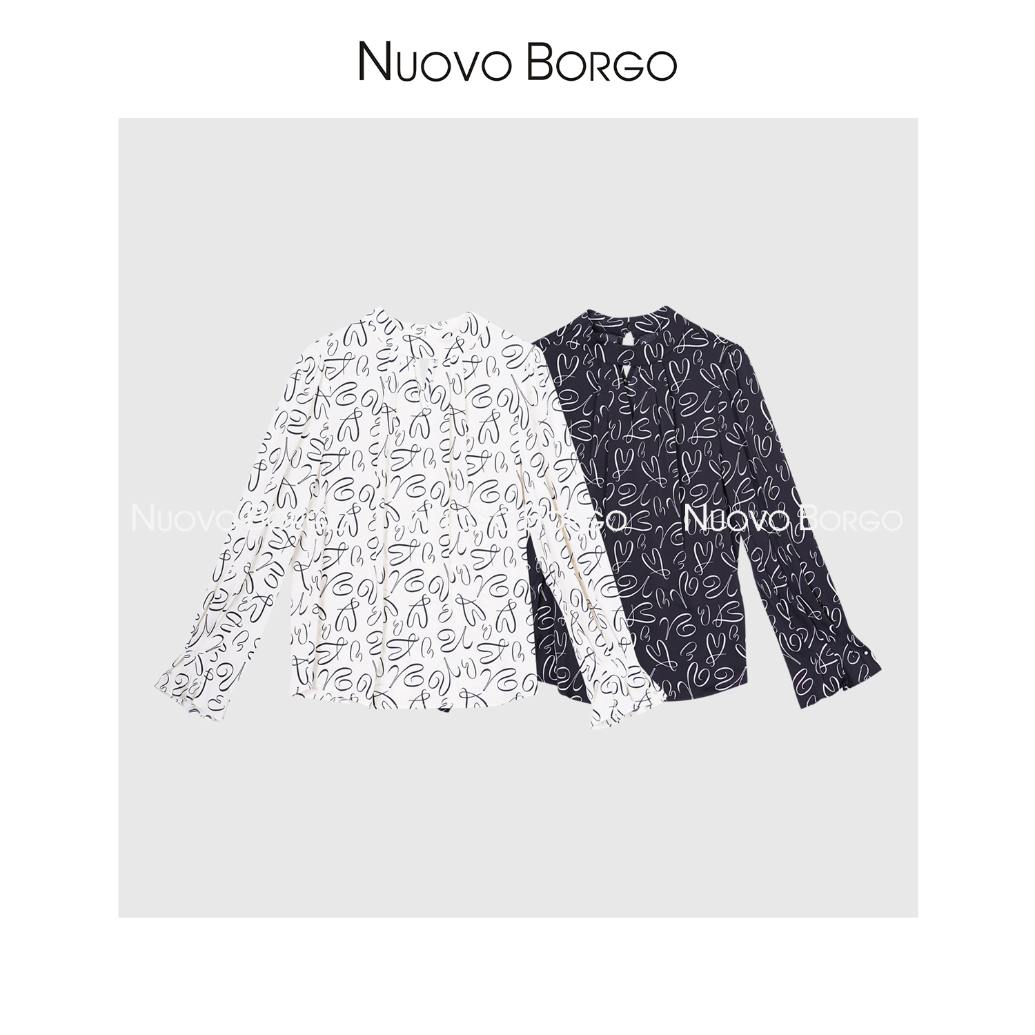 Nuovo Borgo 抽象艺术印花长袖薄款时尚小衫衬衫打底衫 A200/8869