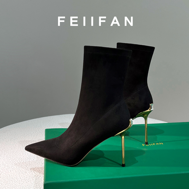 【现货】弹力靴2025秋冬新款女士细跟百搭尖头高跟短靴1068
