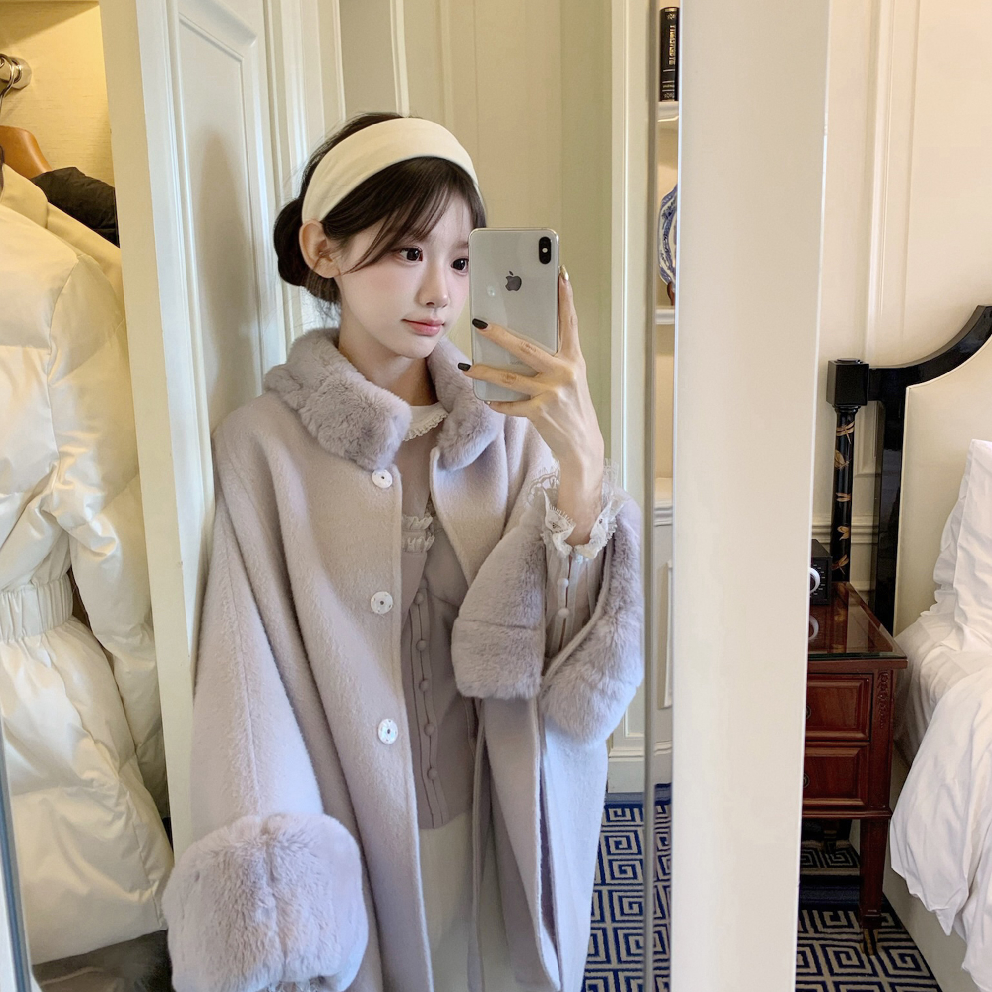 维斯小姐 [倾慕之心] 温柔少女可拆定染獭兔毛双面呢斗篷大衣外套