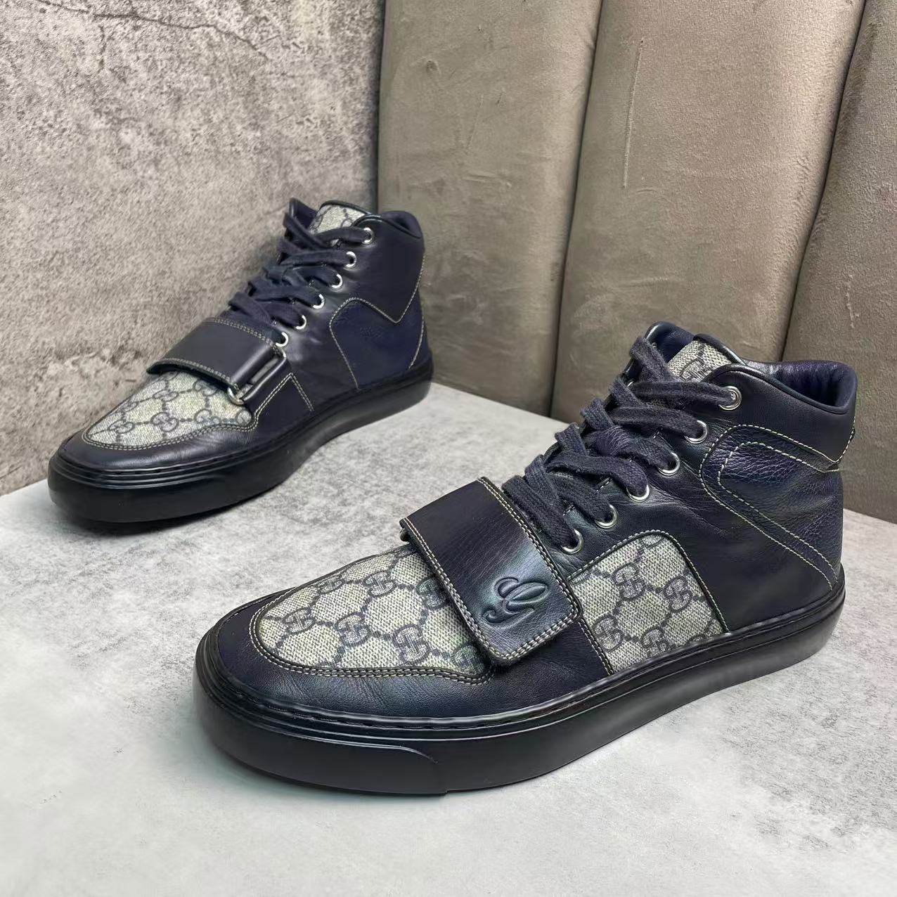 99新 GUCCI/古驰 藏蓝色双G魔术贴高帮百搭板鞋/40.5码