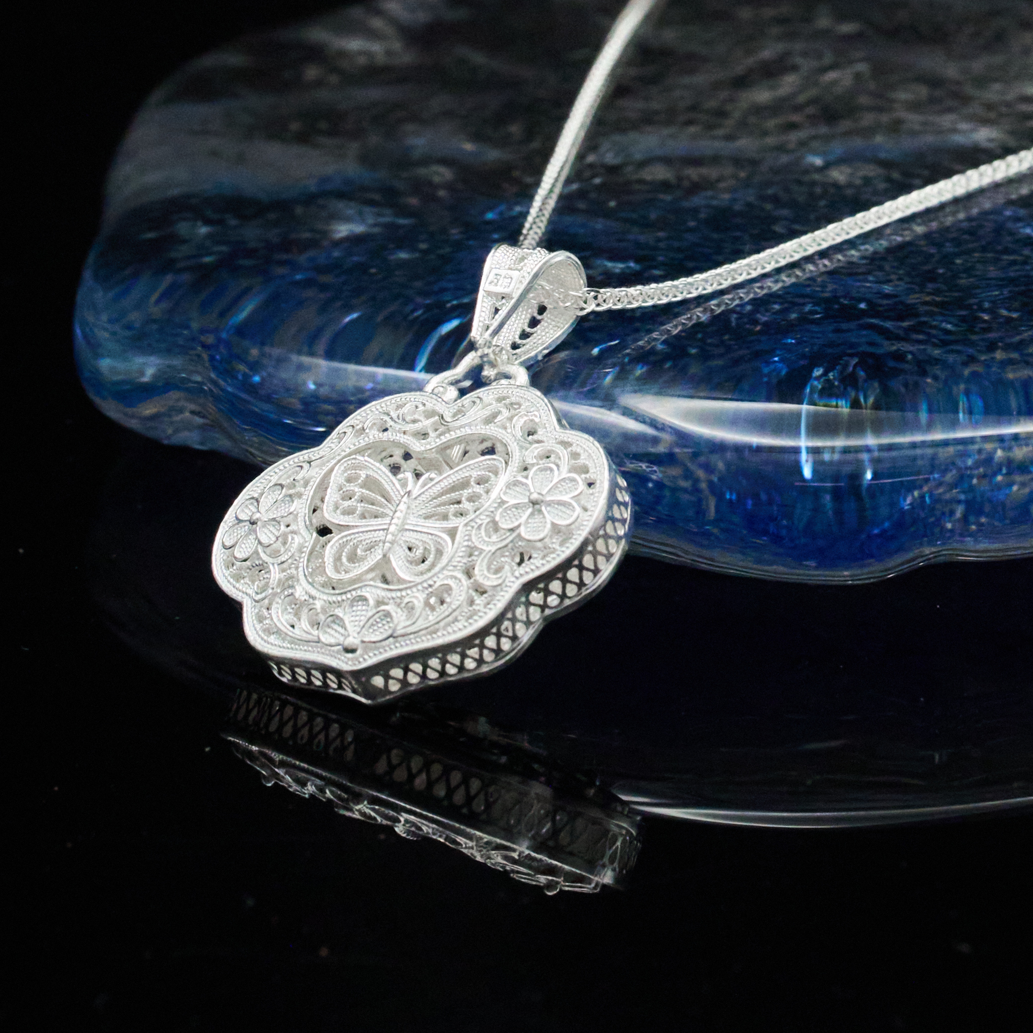 足银银制品 【蝴蝶平安锁】黔喜银饰精美坠链精致