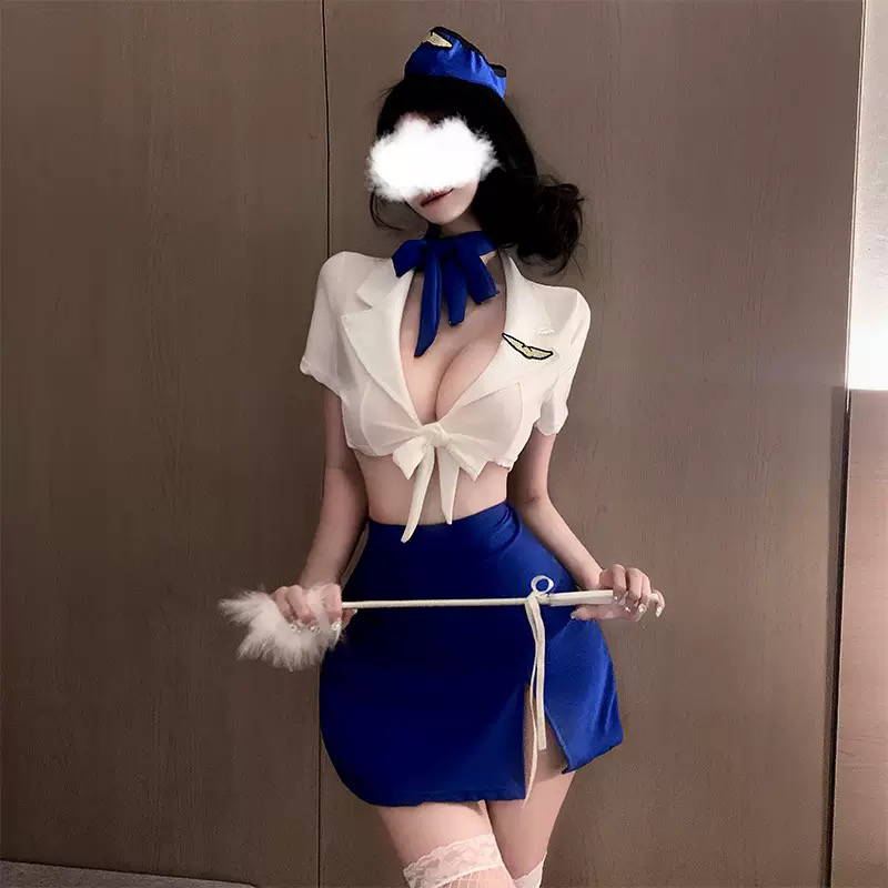 【冲上云霄】纯欲空姐制服性感深V包臀睡裙显瘦