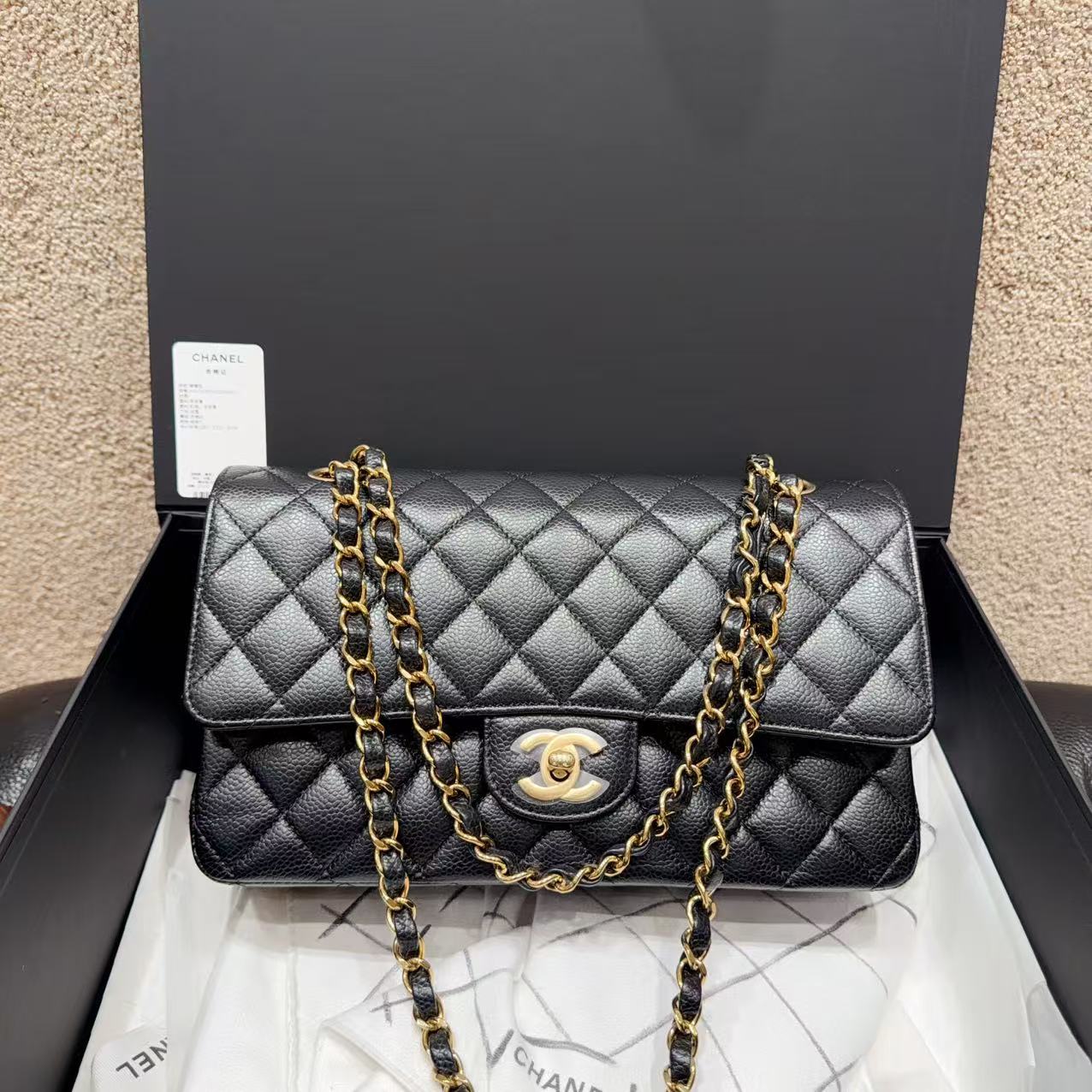 99新 Chanel/香奈儿 CF黑金荔枝皮芯片款