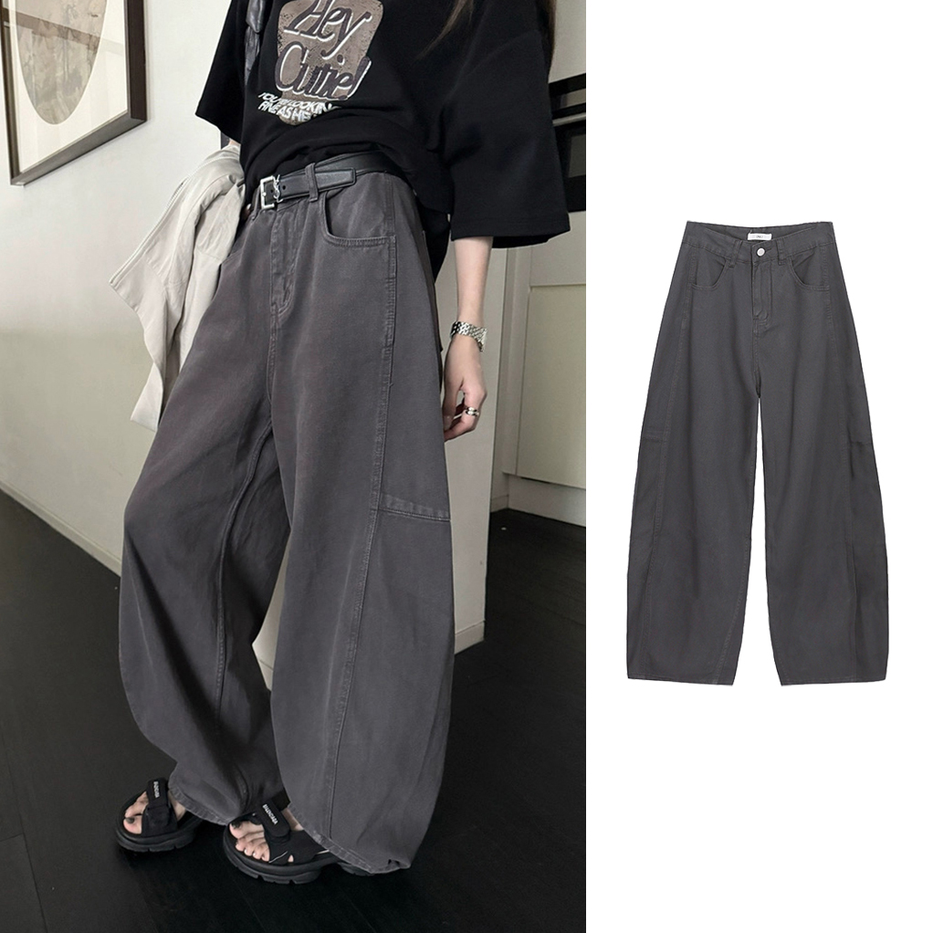 8150#美式复古灰色阔腿长裤宽松垂感拖地裤百搭高腰显瘦休闲裤子