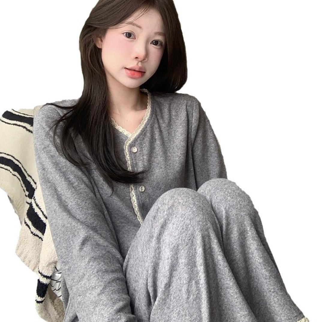 秋季气质简约蕾丝花边长袖长裤圆领开衫睡衣套装