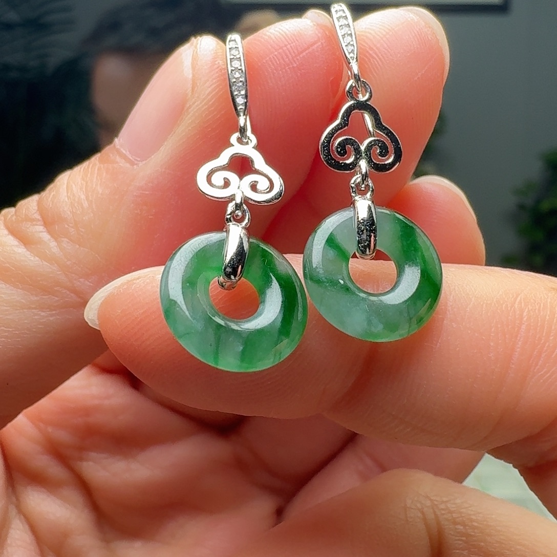 翡翠银S925镶嵌耳饰天然