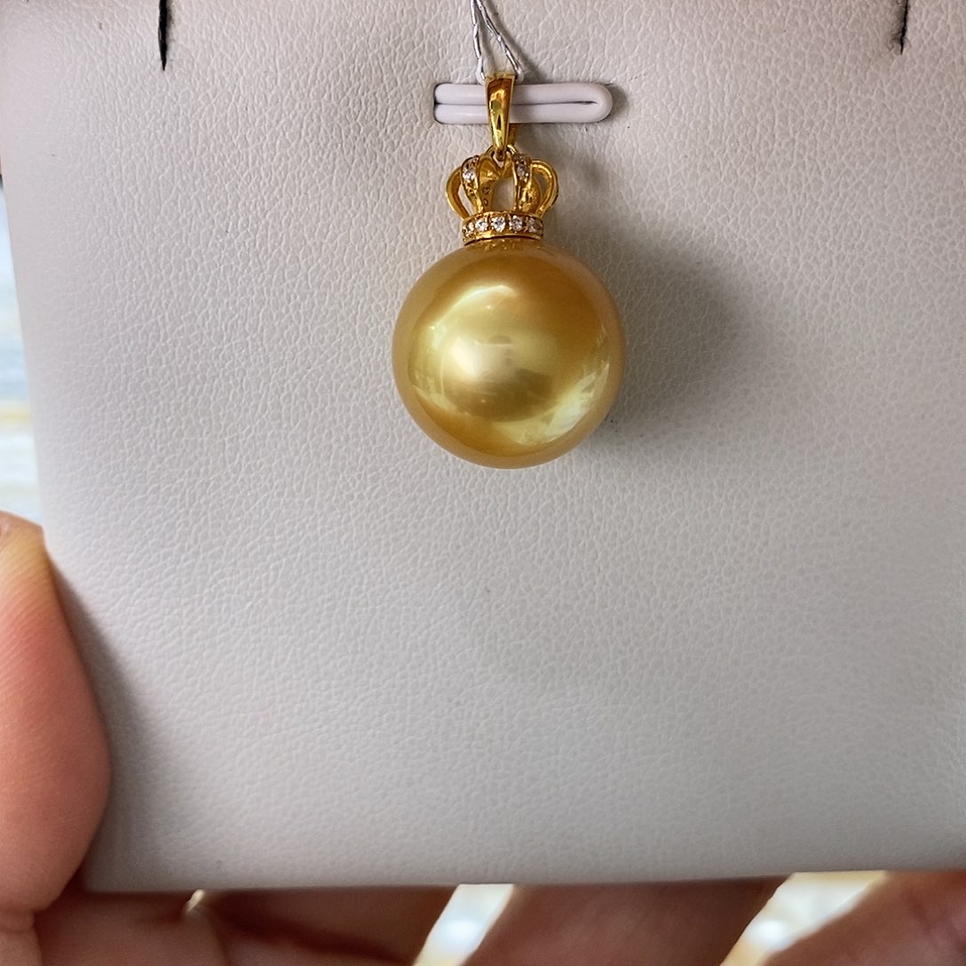 海水珍珠吊坠(不含链)18K金镶嵌南洋金珠14-15mm