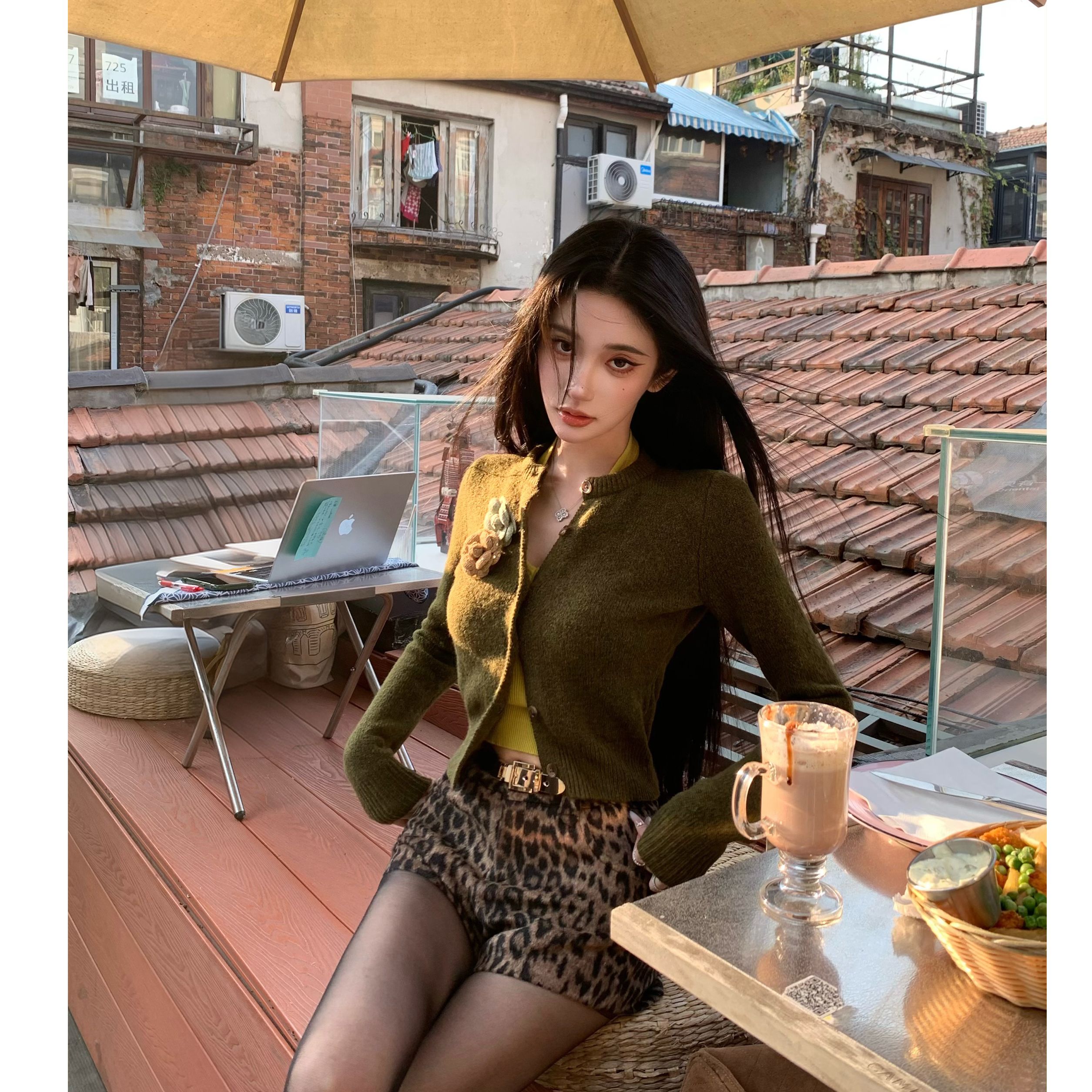 BarbChill【森屿梦露】深绿色毛织开衫女冬羊毛修身上衣/挂脖背心