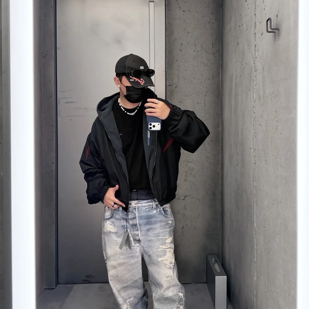 复古运动风撞色拼接宽松廓形连帽外胎