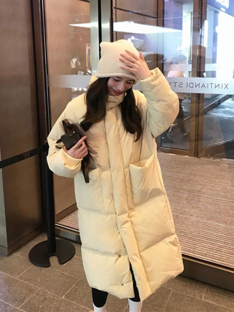 纯色中长款白色韩版过膝棉服冬季加厚小个子外套女