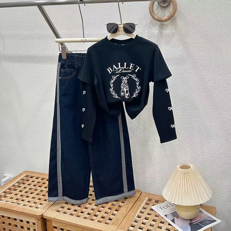 女童春季套装2025新款儿童阔腿牛仔裤两件套时髦女孩大童洋气童装