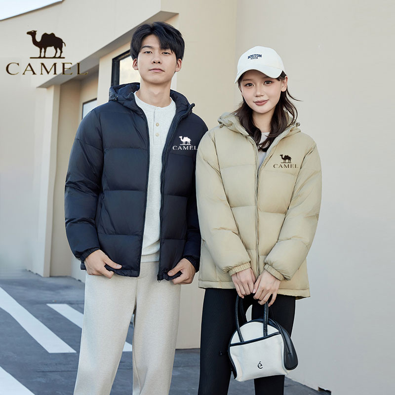 骆驼断码连帽轻薄羽绒服白鸭绒男女情侣款面包保暖外套高蓬松保暖