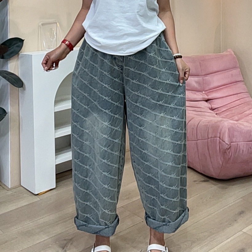 685欧货爆款斜条纹牛仔九分裤女