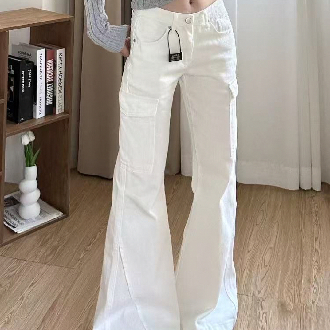 美式白色微喇工装牛仔裤女多口袋显瘦拖地长裤
