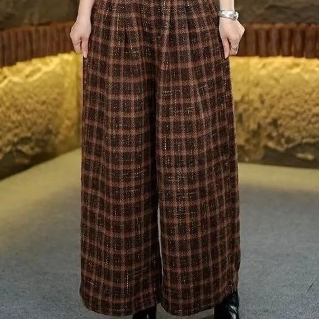阔腿裤高腰百搭格纹休闲裤时尚格子裤女装复古