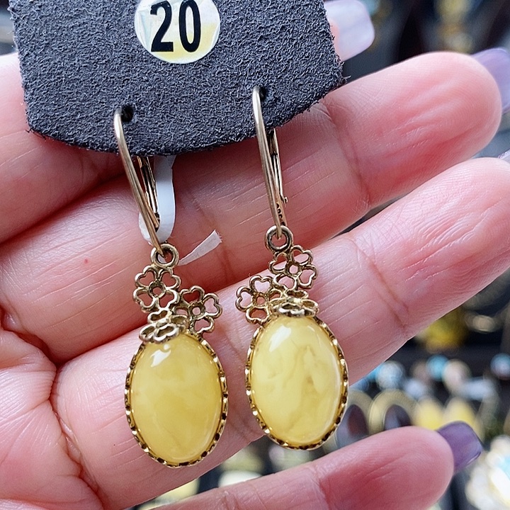 琥珀耳饰银S925镶嵌耳环