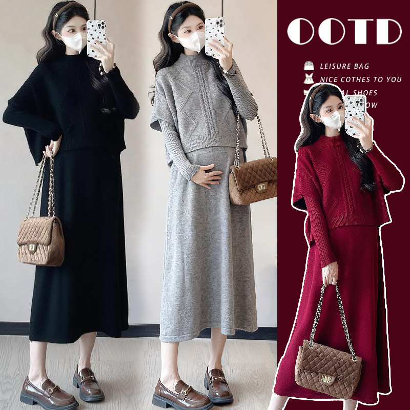 【颜十七】2025秋冬新款宽松孕妇韩版长袖显瘦背心外搭+连衣裙套装